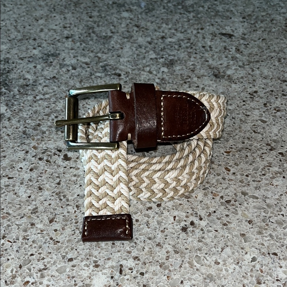 Fossil Leather Belt Braided Khaki Cream Herringbone Cotton Brown Leather Trim